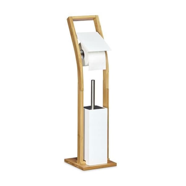 Relaxdays toalettborsthållare och toalettpappersdispenser i bambouträ HxBxD: 75 x 19 x 19 cm pappersrullehållare