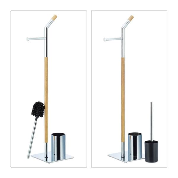 Relaxdays Toalettborsthållare Set Toalettpappershållare Krom Badrum HxBxD: 90 x 24 x 20 cm, Silver-Naturlig