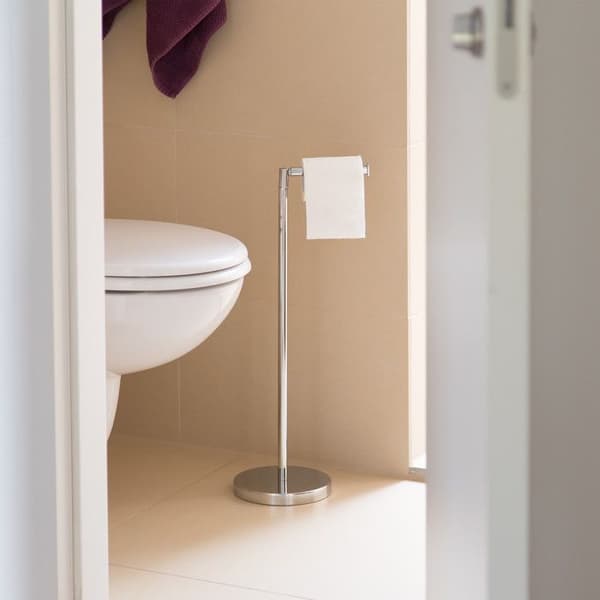 Relaxdays stående toalettpappershållare Reserv toalettpappersdispenser HxBxD: 69 x 16,5 x 16,5 cm Kromstål, Silver