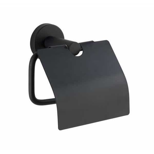 WENKO Vägghängd toalettpappershållare Bosio Svart, Toalettpappershållare med lock, Rostfritt stål, 15x13,5x7 cm, Mattsvart