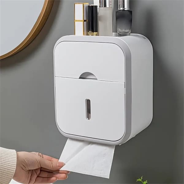 OBOSOE seinään kiinnitettävä kaksikerroksinen paperiteline – wc-paperilaatikko hyllyllä, itseliimautuva