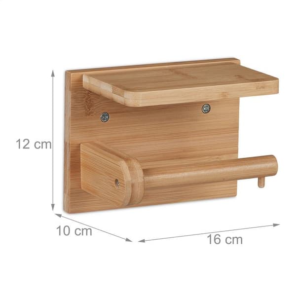 Relaxdays Toalettrullhållare med mini hylla, för mobil & våtservetter, i bambu, HxBxD: 12x16x10 cm, natur