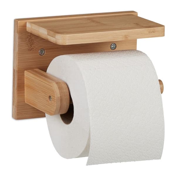 Relaxdays Toalettrullhållare med mini hylla, för mobil & våtservetter, i bambu, HxBxD: 12x16x10 cm, natur