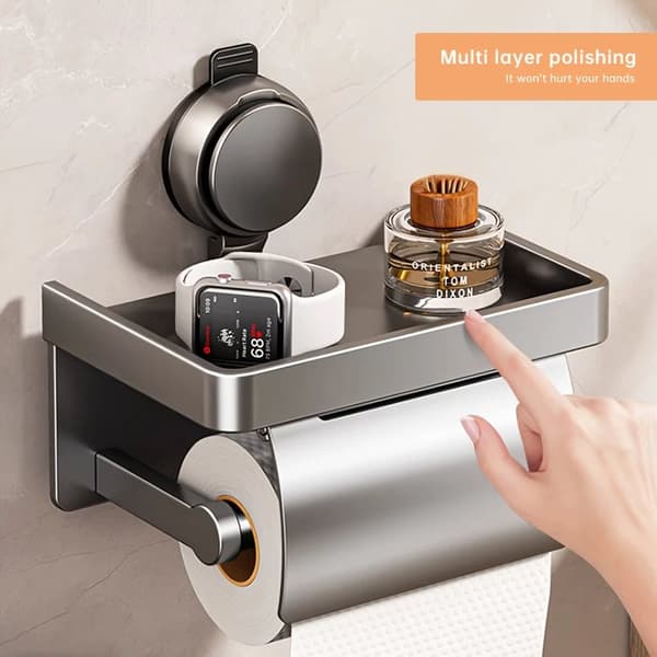 OBOSOE toiletrulleholder med hylde – vægmonteret aluminiumsrulledispenser, nem installation uden boremaskine