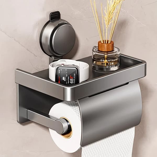 OBOSOE toiletrulleholder med hylde – vægmonteret aluminiumsrulledispenser, nem installation uden boremaskine