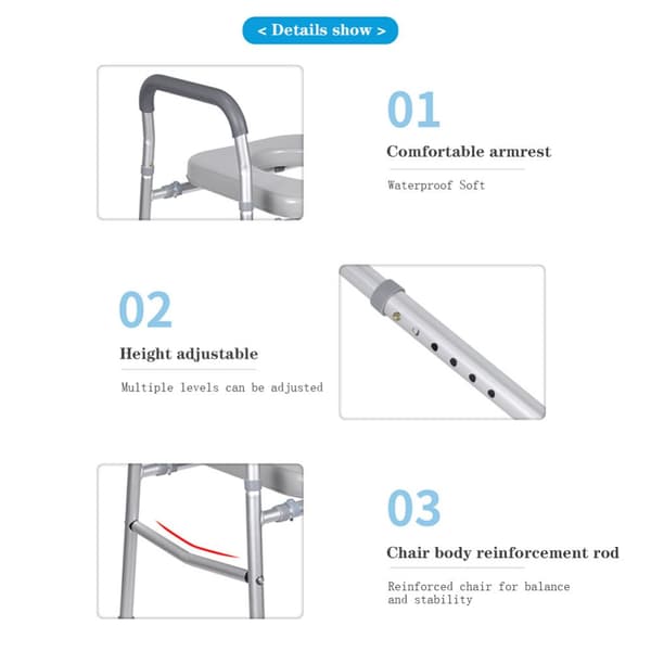 Justerbar bærbar badeværelsesstol, robust aluminiumslegering, sikker håndtagdesign, letvægts og nem at opbevare.