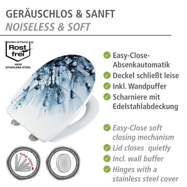 WENKO Original Sereno Toalettsits, Toalettsits med Fallbroms, Clip-On, Rostfritt stålfäste, Termoplast, Flerfärgad