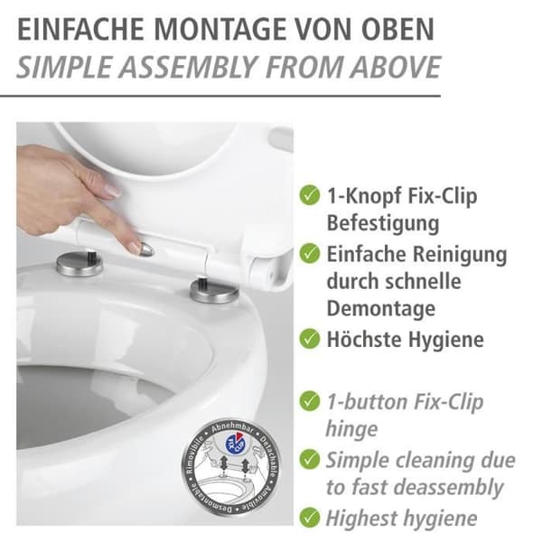 WENKO Original Sereno Toalettsits, Toalettsits med Fallbroms, Clip-On, Rostfritt stålfäste, Termoplast, Flerfärgad