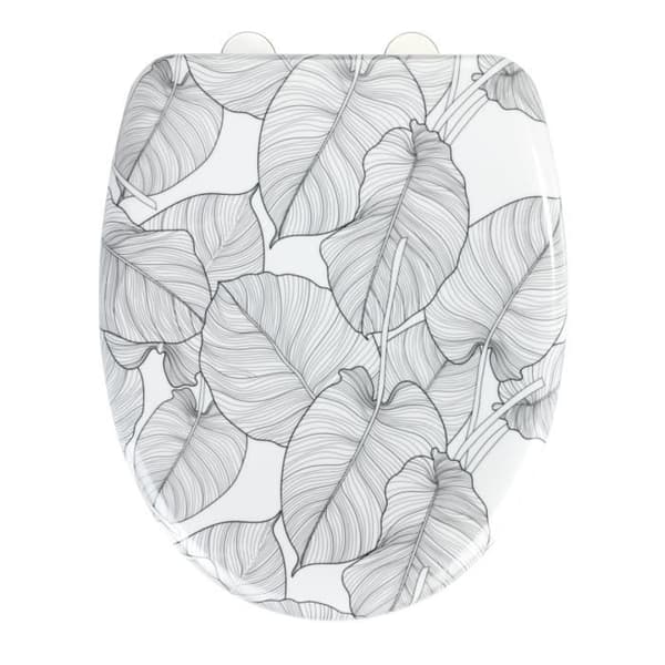 WENKO Toalettsits med fallbroms SAMOA, toalettskål lätt att fästa clip-on, dekorblad vit - grå, 38 x 45cm
