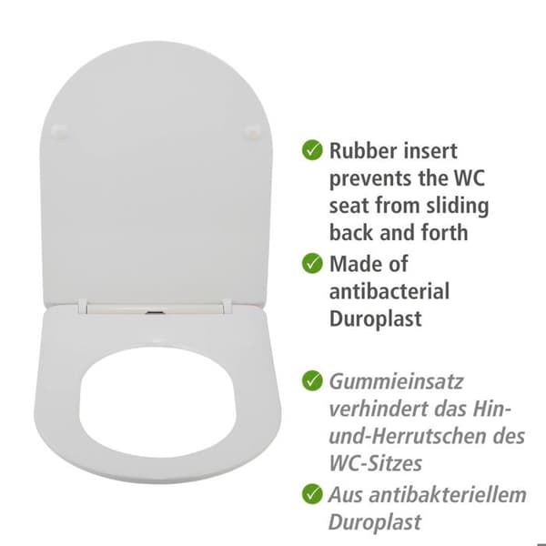 WENKO Toalettsits ultra tunn GALATI | Anti-bakteriell duroplast | Mjuk stängning | Avtagbar, lätt montering | Vit | 36x46 cm