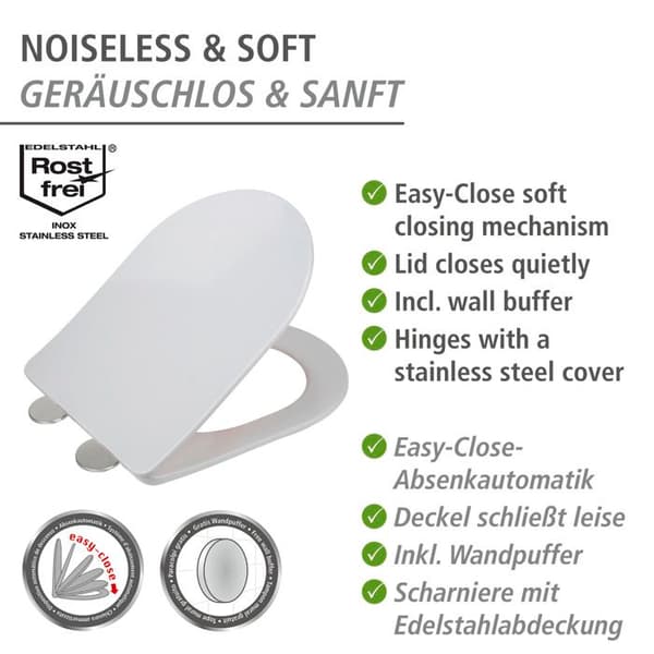 WENKO Toalettsits ultra tunn GALATI | Anti-bakteriell duroplast | Mjuk stängning | Avtagbar, lätt montering | Vit | 36x46 cm