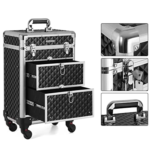 SONGMICS Aflåselig makeupetui, Rolling Cosmetics Beauty Trolley Box, Sort
