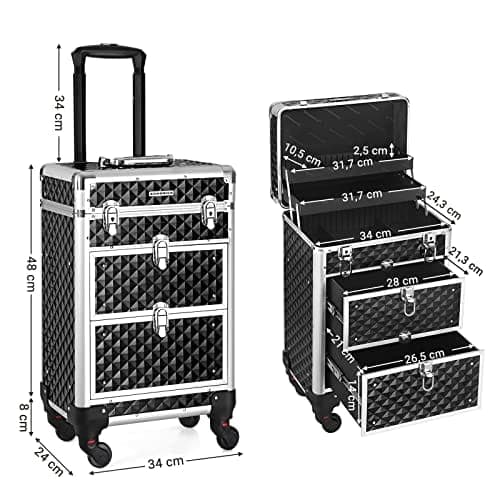 SONGMICS Aflåselig makeupetui, Rolling Cosmetics Beauty Trolley Box, Sort