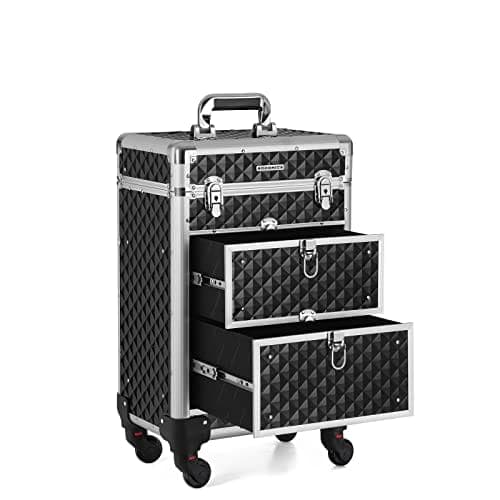 SONGMICS Aflåselig makeupetui, Rolling Cosmetics Beauty Trolley Box, Sort