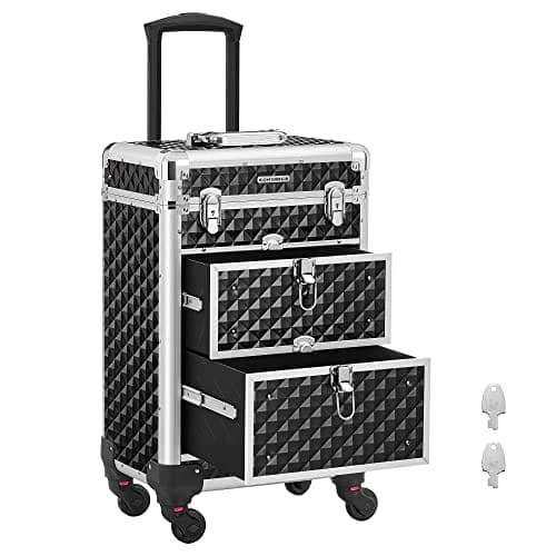 SONGMICS Aflåselig makeupetui, Rolling Cosmetics Beauty Trolley Box, Sort