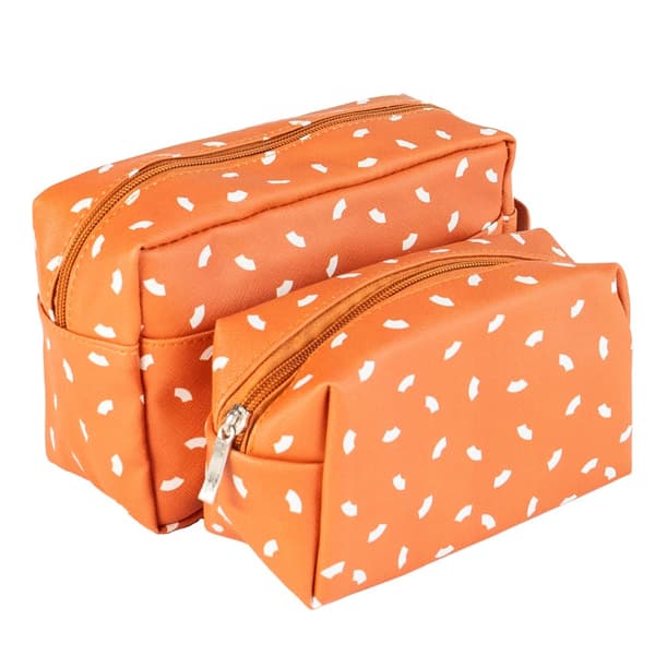 2-pak toilettaske og makeuptaske med hank og små rum i orange