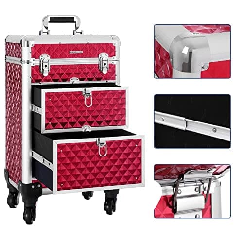 Songmics Resetillbehör Rullvagn Kosmetikfodral ABS Röd 34 x 27 x 57 cm