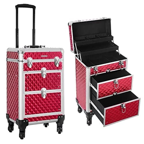Songmics Resetillbehör Rullvagn Kosmetikfodral ABS Röd 34 x 27 x 57 cm