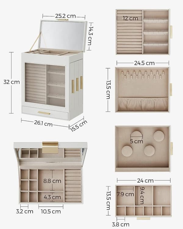 Songmics smyckesbox med glasfönster, 5-lagers smycken arrangör med 3 sidor lådor, vit och guld