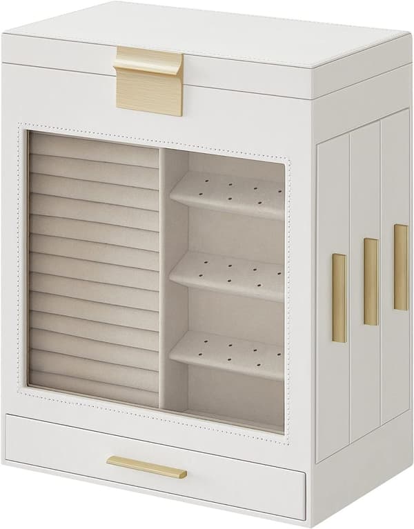 Songmics smyckesbox med glasfönster, 5-lagers smycken arrangör med 3 sidor lådor, vit och guld