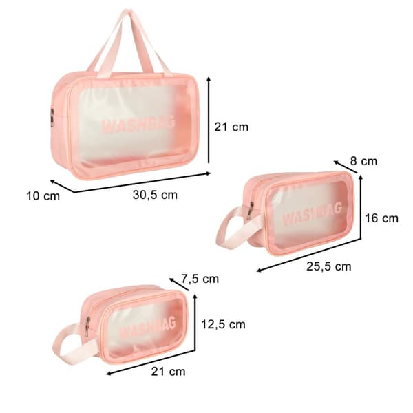 Transparent resekosmetikväska, 3 delar, rosa