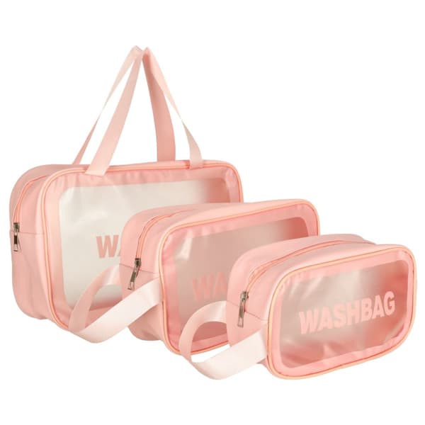 Transparent resekosmetikväska, 3 delar, rosa