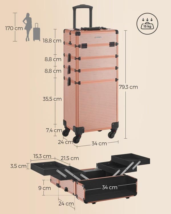 Trolley, SONGMICS Kosmetiikkalaukku, 34x24x79 cm, Kulta
