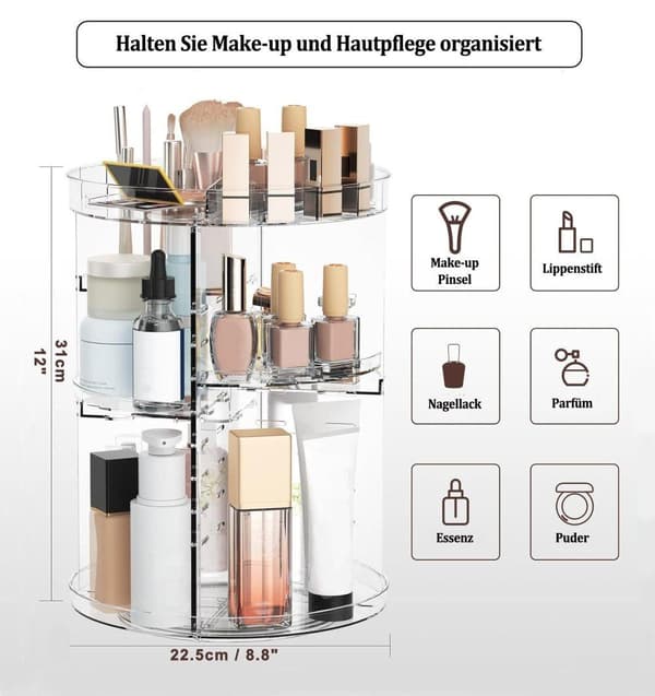 Lollanda 360 roterende makeup opbevaring kosmetisk arrangør med 8 justerbare rum - gennemsigtig