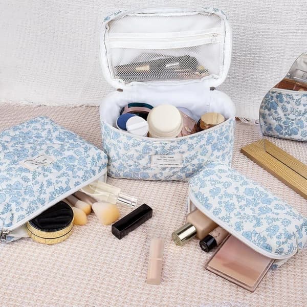 Lollanda Sæt med 3 Kosmetiktaske Blomster Makeup Taske Lys Toilettaske Dame Afslappet Kosmetisk Kosmetiktaske