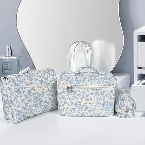 Lollanda Sæt med 3 Kosmetiktaske Blomster Makeup Taske Lys Toilettaske Dame Afslappet Kosmetisk Kosmetiktaske