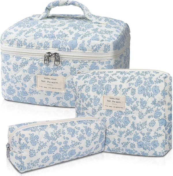 Lollanda Sæt med 3 Kosmetiktaske Blomster Makeup Taske Lys Toilettaske Dame Afslappet Kosmetisk Kosmetiktaske