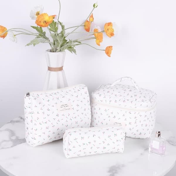 Lollanda Sæt med 3 Kosmetiktaske Blomster Makeup Taske Lys Toilettaske Dame Afslappet Kosmetisk Kosmetiktaske