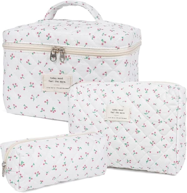 Lollanda Sæt med 3 Kosmetiktaske Blomster Makeup Taske Lys Toilettaske Dame Afslappet Kosmetisk Kosmetiktaske Hvid