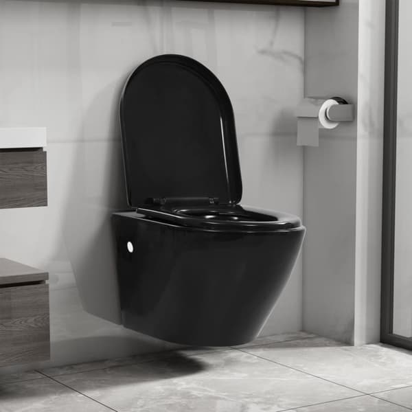 vidaXL væghængt toilet uden kant keramik sort - Toiletter