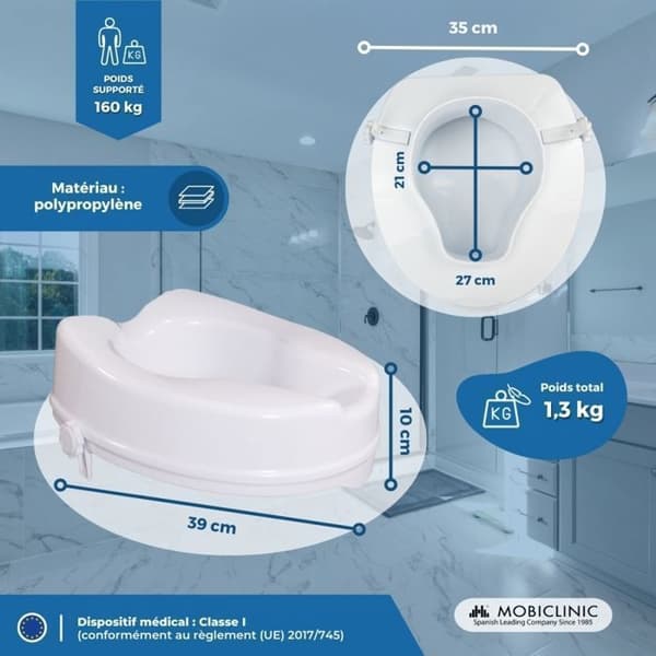 Rehausseur WC vuxen Mobiclinic WC lyft 10 cm Höjd toalett utan lock För toalettstol 160 kg Vit Titán