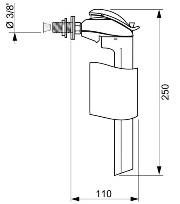 Sidetilførselssvømmerventil, skylning, 3/8" påfyldningsindløb