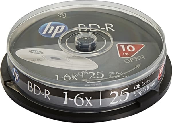 HP HP BD-R, enkeltlag 25 GB, standard, kakeboks, BRE00071-3, 69321, 6x, 10-pakning, for dataarkivering