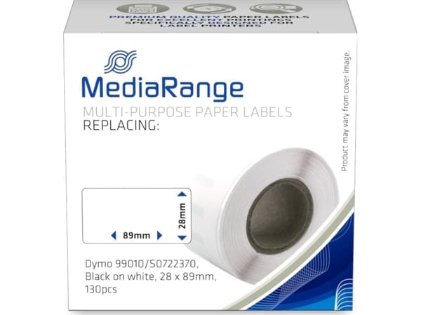 MediaRange - Papir - permanet adhesiv - svart på hvitt - 28 x 89 mm 130 etikett(er) (1 rull(er) x 130) boks - merkelapper (alternativ for: DYMO 99010