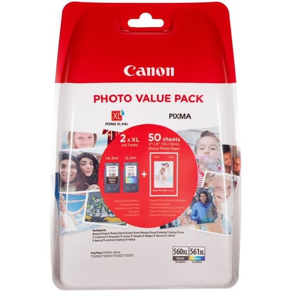 Canon PG-560Xl sort og CL-561Xl farveblæk + fotopapir værdisæt, 3712C004