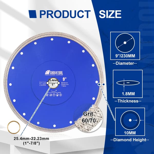 Diamantskæreskive, rundsavskive, 230 mm diameter, til skæring af fliser og sten,1Stk 230mm