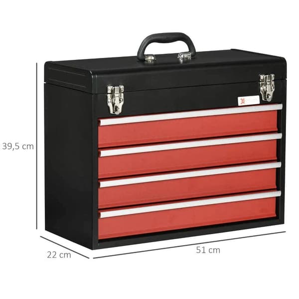 Rootz Tool Case - Verktygslåda - 4 lådor - Låsbar - Stålkåpa - Svart + Röd - 51 x 22 x 39,5 cm