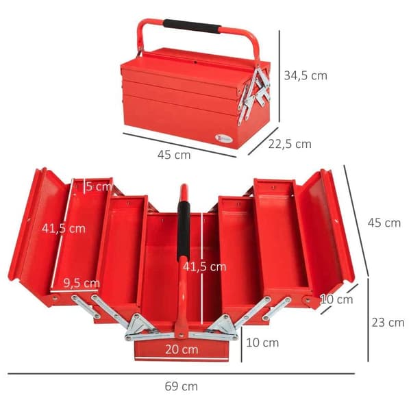 Rootz Værktøjskasse med 5 rum - Bærbar værktøjskasse med 5 bakker - Stål - Rød - 45 x 22,5 x 34,5 cm
