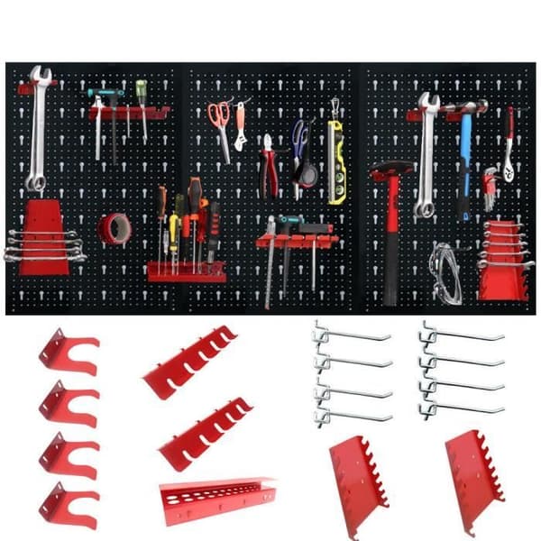 Väggpanel för verktygsförvaring - XMTECH - 120 x 60 cm - 3 paneler - 17 tillbehör - Röd och svart metall