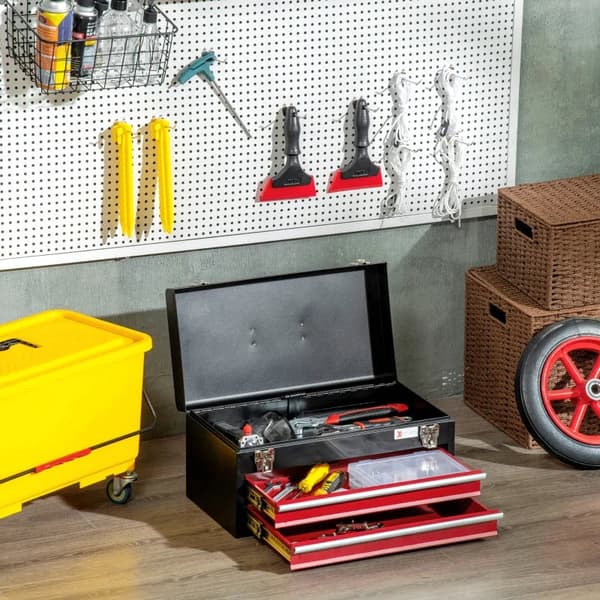 Rootz Værktøjskiste - Låsbar metal - Værktøjskasse - Kuglelejer - 2 skuffer - Bærbar værktøjskasse - stålhus - Sort+rød - 460 mm x 240 mm x 220 mm