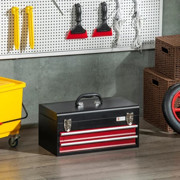 Rootz Værktøjskiste - Låsbar metal - Værktøjskasse - Kuglelejer - 2 skuffer - Bærbar værktøjskasse - stålhus - Sort+rød - 460 mm x 240 mm x 220 mm