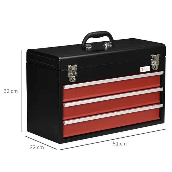 Rootz Værktøjskasse - 3 skuffer - Låsbar - Transportabel Værktøjskasse - Stålhus - Kuglelejer - Stål - Sort+rød - 51 X 22 X 32 cm