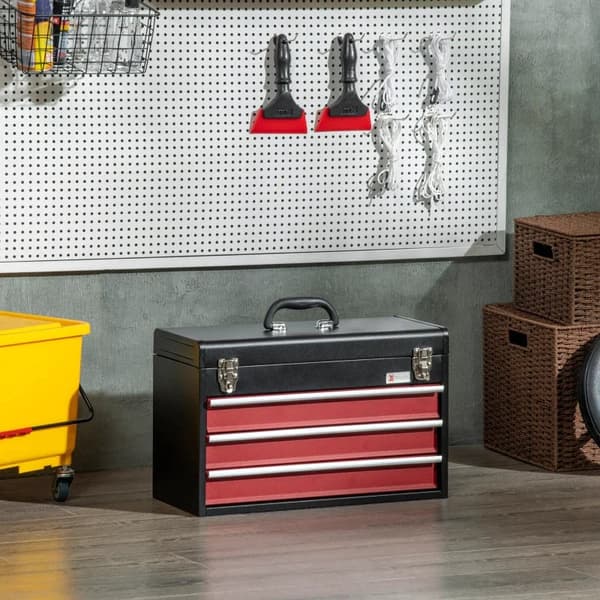 Rootz Værktøjskasse - 3 skuffer - Låsbar - Transportabel Værktøjskasse - Stålhus - Kuglelejer - Stål - Sort+rød - 51 X 22 X 32 cm