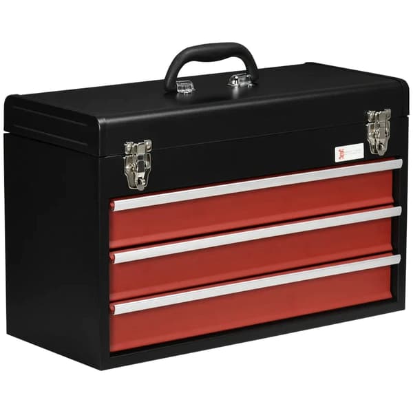 Rootz Verktygslåda - 3 lådor - Låsbar - Bärbar verktygslåda - Stålhus - Kullagrade löpare - Stål - Svart+röd - 51 X 22 X 32 cm