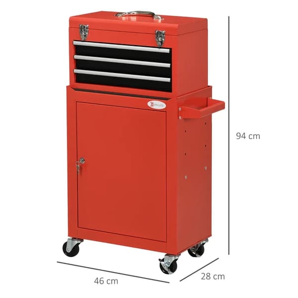 Rootz 2-i-1 Værktøjsvogn - Mobilvogn - Værktøjsskab - 3 skuffer - Værktøjstavle - Stålhus - Rød - 46L x 28W x 94H cm