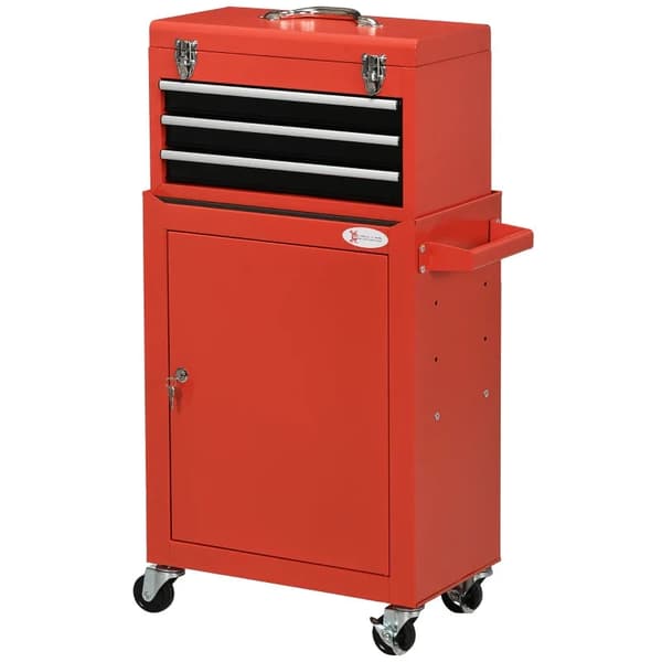 Rootz 2-i-1 Værktøjsvogn - Mobilvogn - Værktøjsskab - 3 skuffer - Værktøjstavle - Stålhus - Rød - 46L x 28W x 94H cm